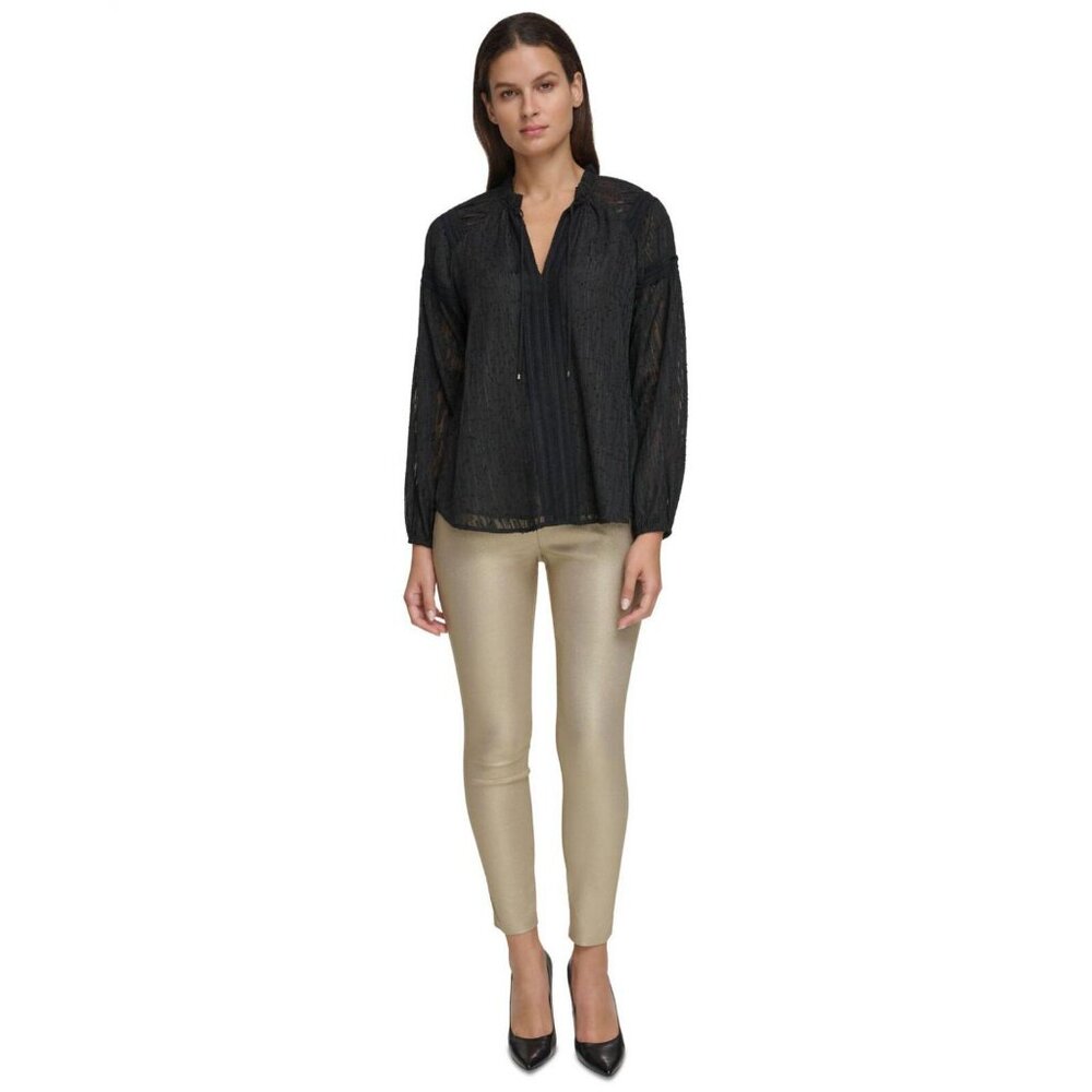 NWT Tommy Hilfiger Women's Textured Split-Neck Top H38T201A M Black - Picture 3 of 7